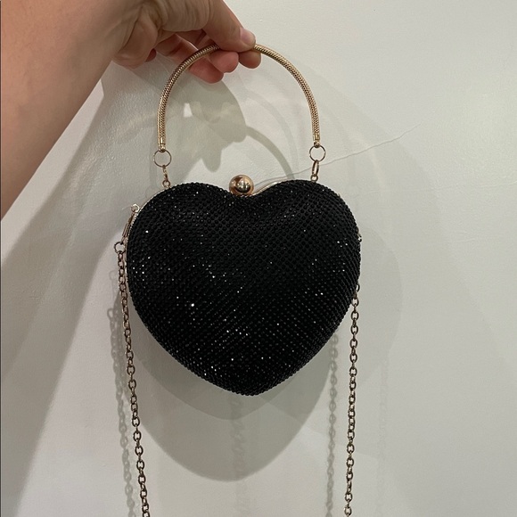 Rhinestones Black Heart-Shaped Clutch with Gold Chain and Handle - Picture 3 of 8